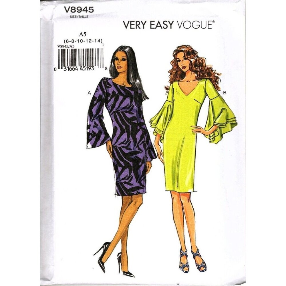 Very Easy Vogue V8945 Misses 6 to 14 Semi Fitted Dress Uncut Sewing Pattern